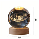 Globo de cristal com sistema solar iluminado, 8 cm, base de madeira, decoração espacial